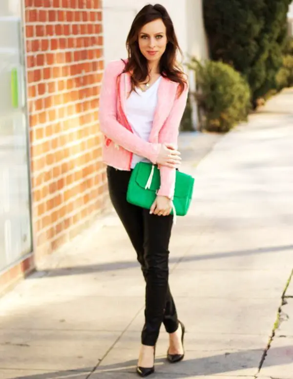 3-pink-jacket-with-white-tee-and-leather-trousers-with-green-clutch