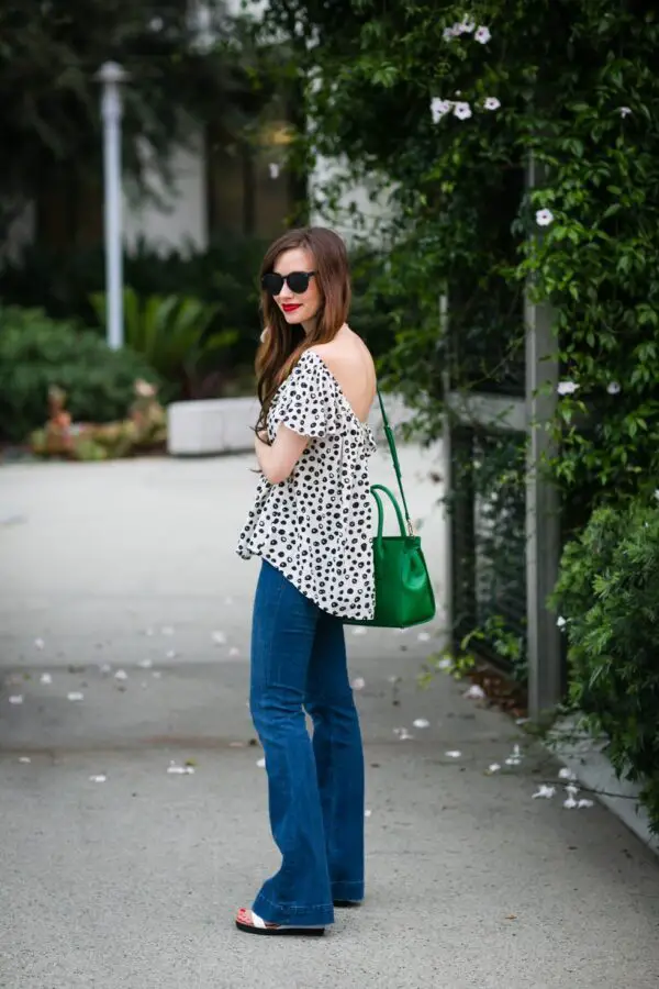 3-polka-dots-blouse-with-flared-jeans