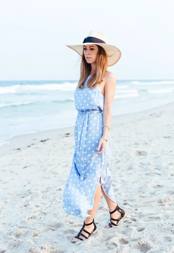 3-polka-dots-blue-dress-with-strappy-sandals-and-summer-hat