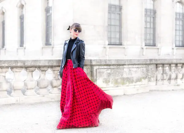 3-red-polka-dots-skirt-with-black-leather-jacket