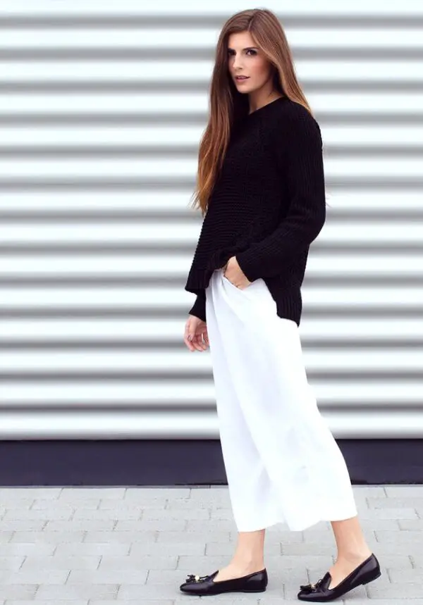 4-culottes-with-black-sweater-and-loafers