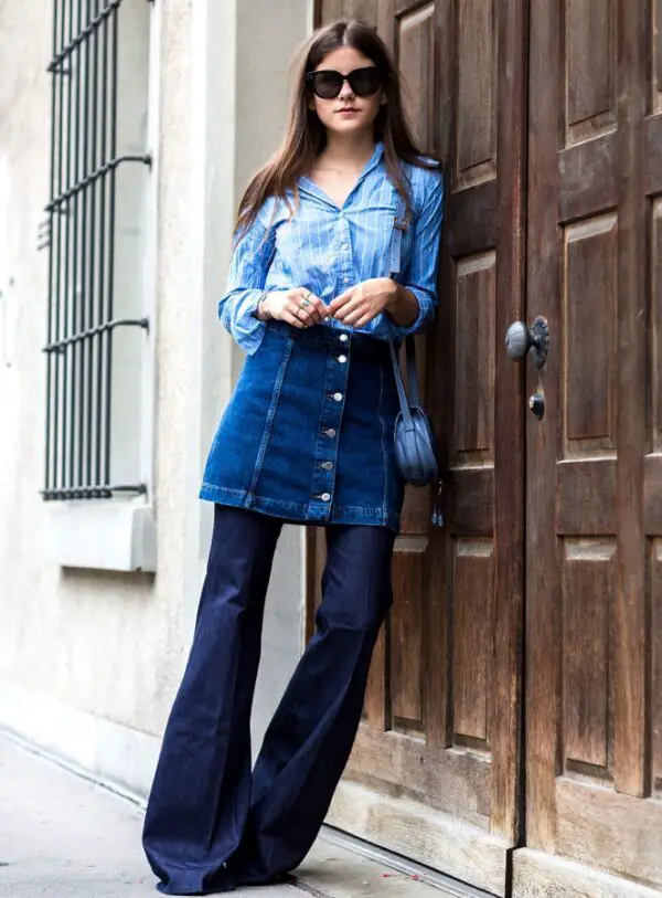 4-denim-skirt-with-flared-pants-with-chambray-top-1