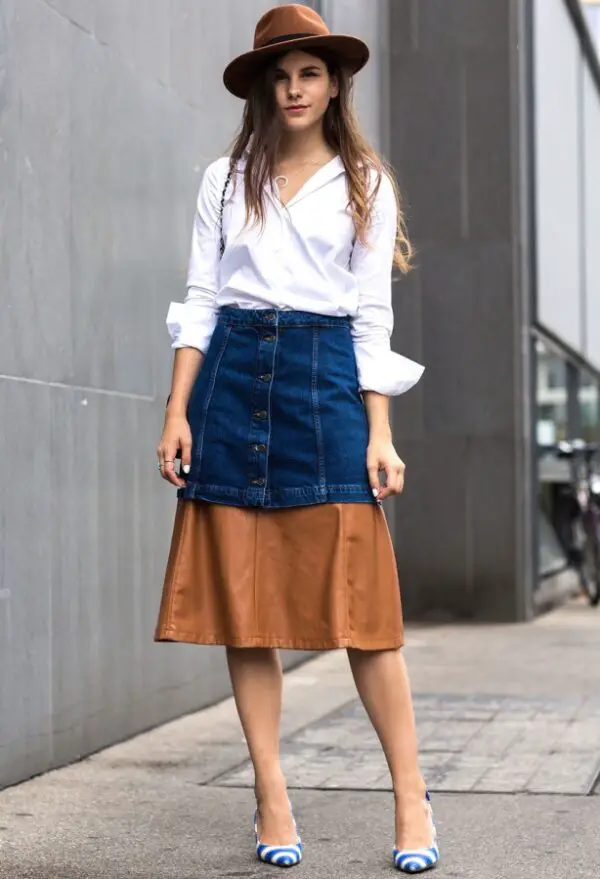 4-denim-skirt-with-leather-skirt-and-button-down-shirt-1