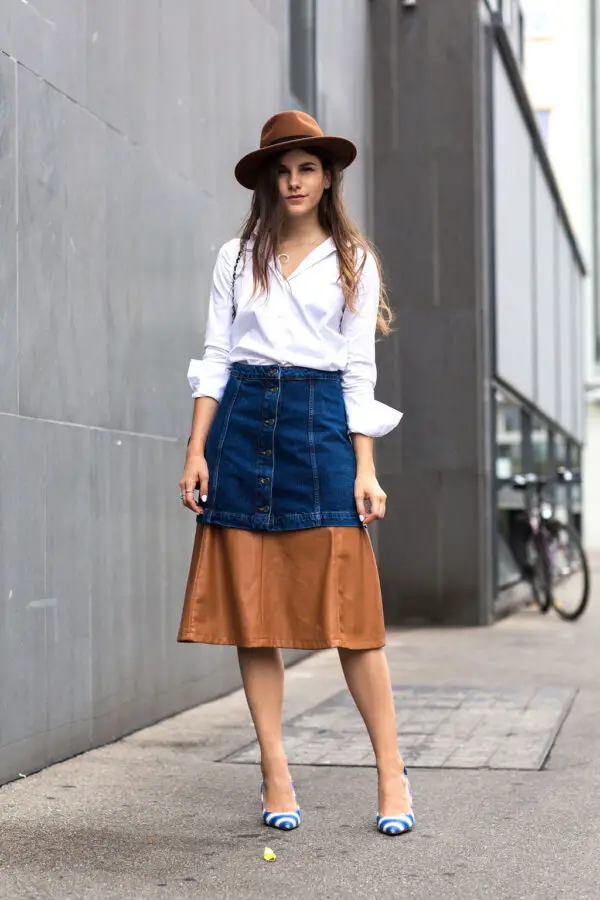 4-denim-skirt-with-leather-skirt-and-button-down-shirt