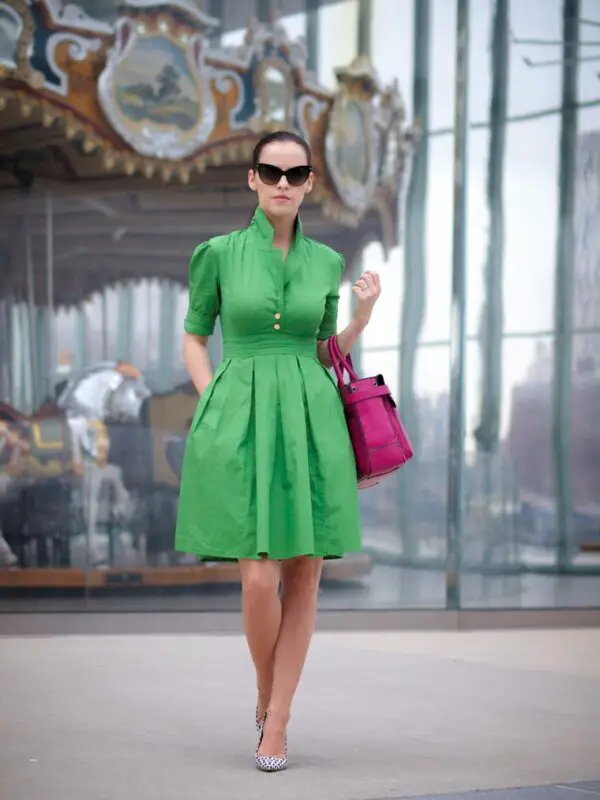 4-fit-and-flare-green-dress-with-pink-bag