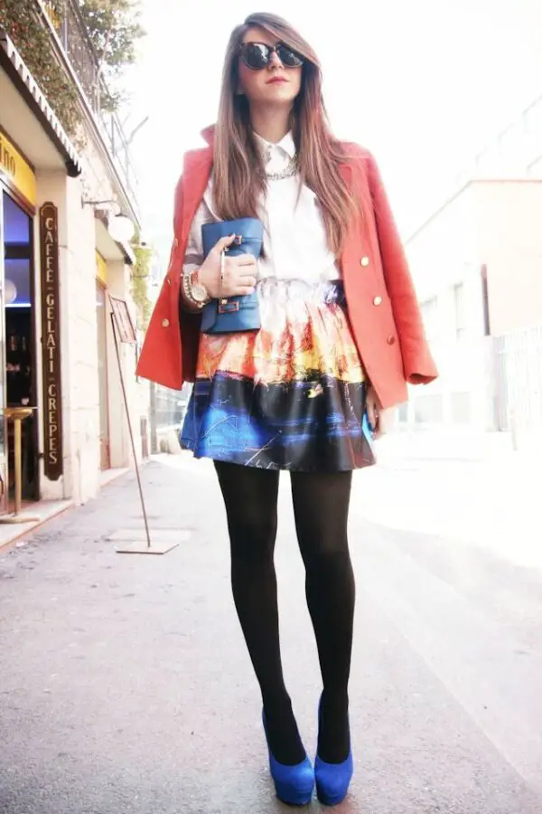4-graphic-print-dress-with-red-blazer-and-cobalt-blue-shoes
