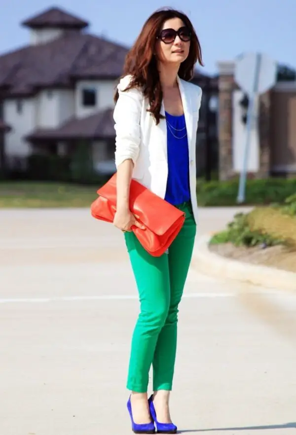 4-green-jeans-with-cobalt-blue-shoes-and-top-with-white-blazer-and-red-bag