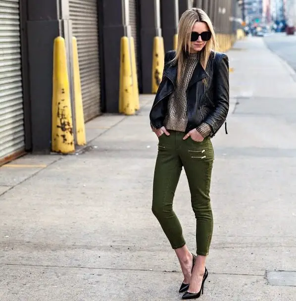 4-green-pants-with-leather-jacket