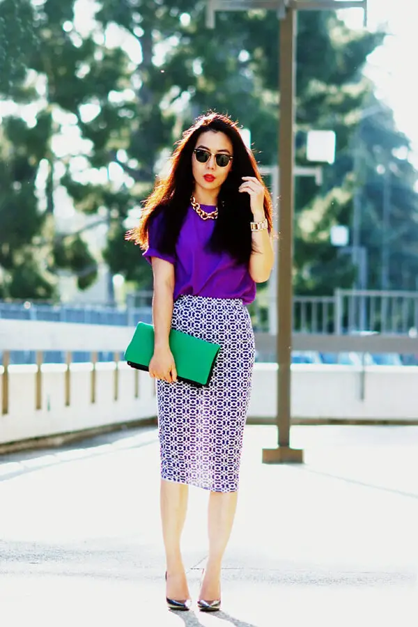 4-purple-top-with-printed-skirt-and-green-clutch