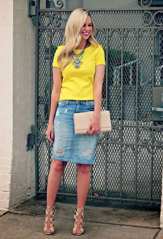 4-statement-necklace-and-distressed-denim-skirt-with-with-yellow-top