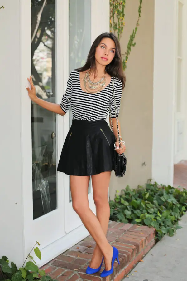4-striped-top-with-leather-skirt-and-blue-pumps