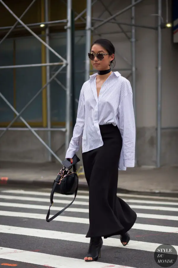 5-button-down-shirt-with-maxi-skirt-and-peep-toe-boots