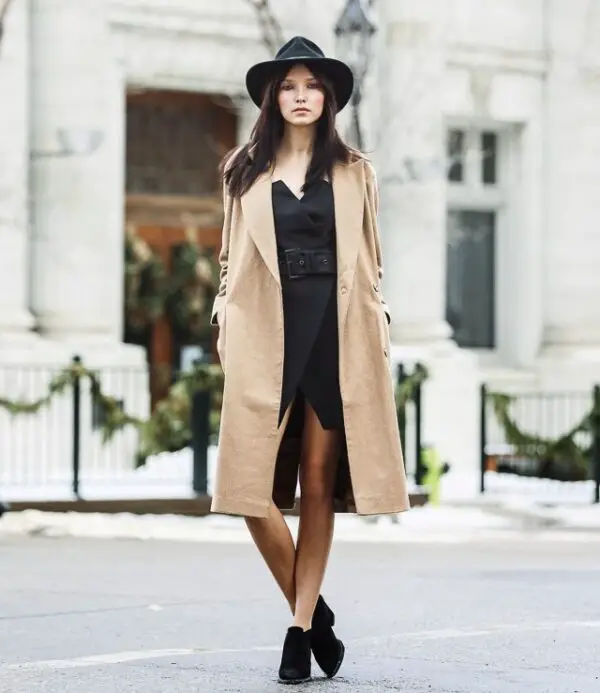 5-camel-coat-with-black-wrap-dress-and-boho-hat