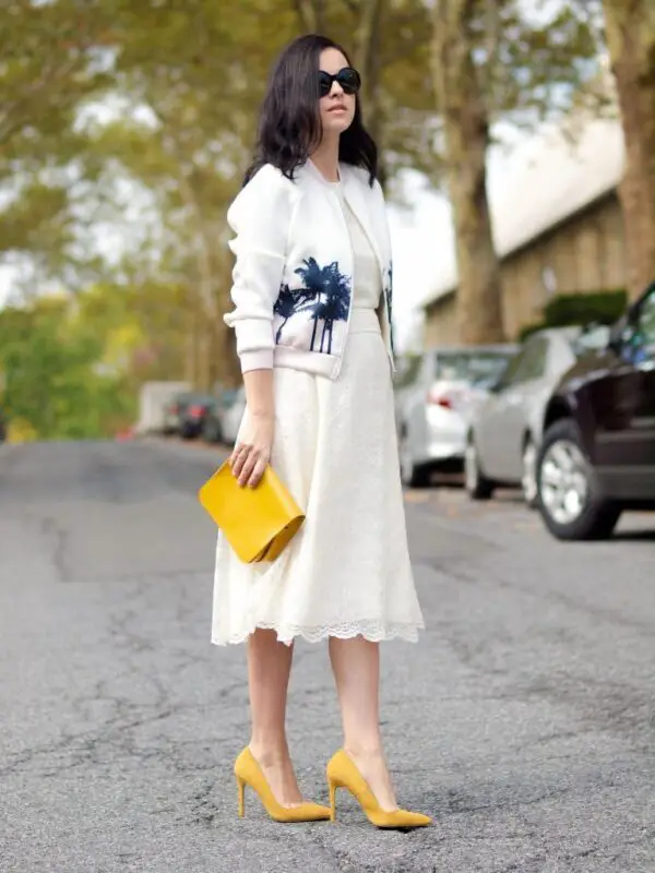 5-printed-bomber-jacket-with-chic-white-dress-and-mustard-heels