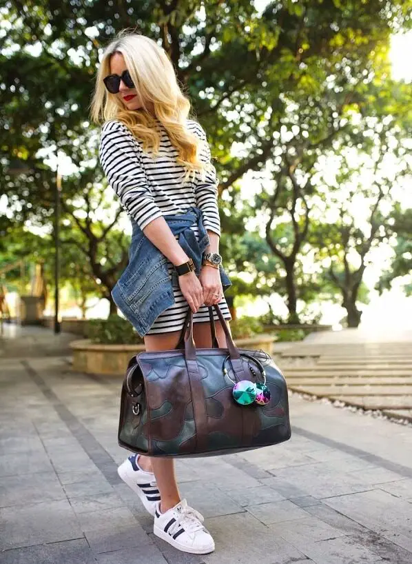 5-striped-dress-with-denim-jacket-and-duffel-bag