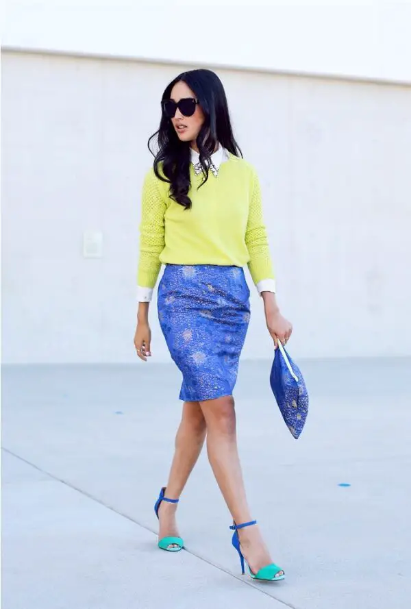 6-cobalt-blue-skirt-with-yellow-top-and-cobalt-blue-clutch