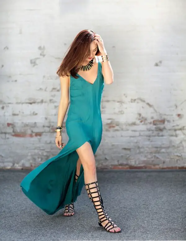 6-green-slit-dress-with-gladiator-sandals