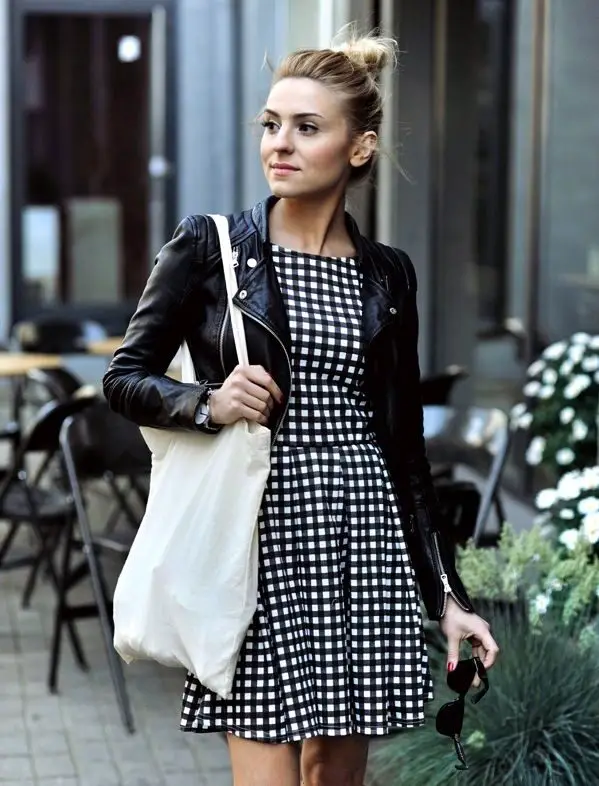 black-and-white-gingham-dress-with-leather-jacket