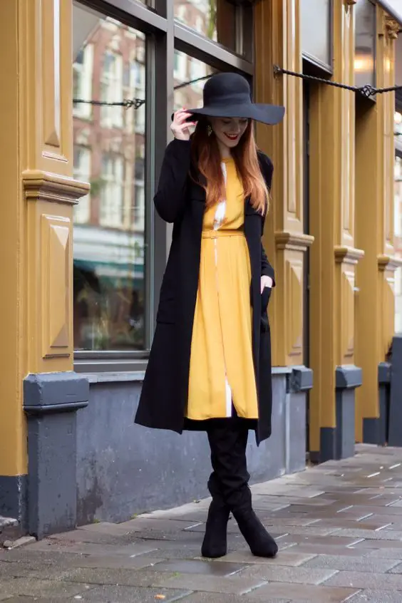 black-coat-and-yellow-dress-outfit-for-fall