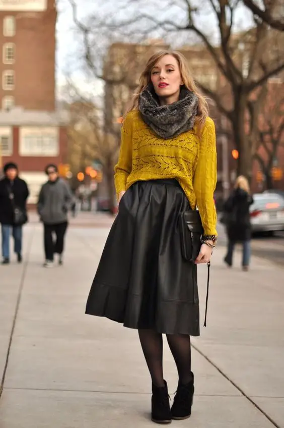 black-midi-skirt-and-yello-knit-sweater-1