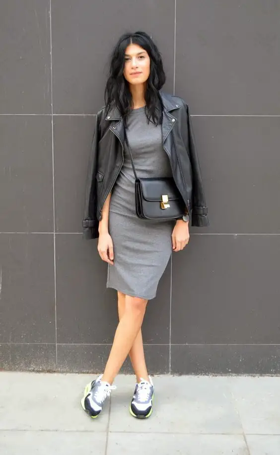 bodycon-shirt-dress-with-leather-jacket