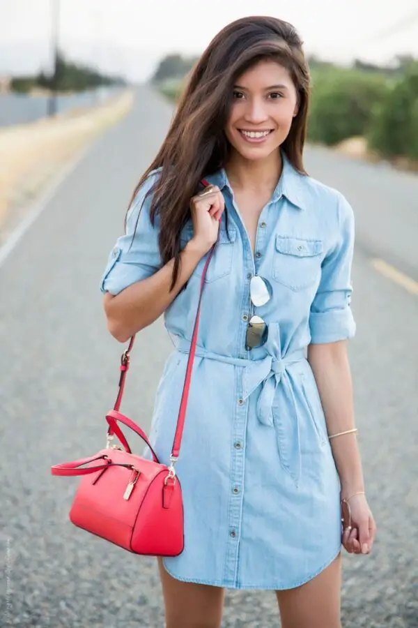 chic-denim-dress-and-red-bag