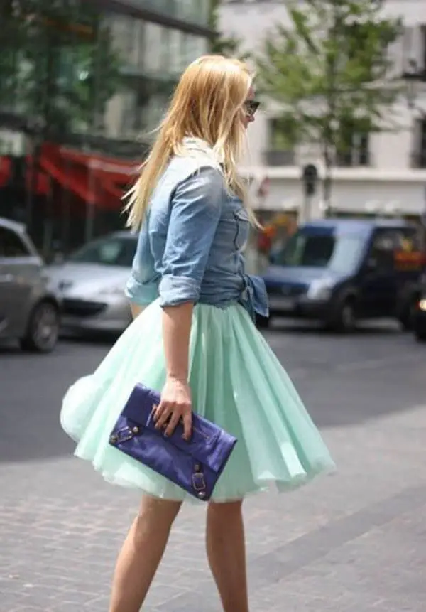 knotted-denim-shirt-and-mint-tulle-skirt