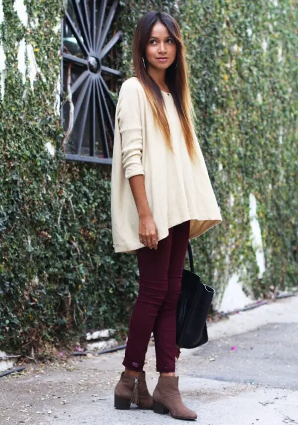 loose-sweater-and-maroon-skinny-jeans