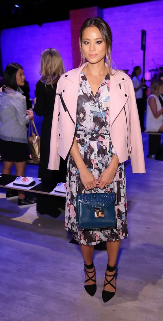 muted-floral-dress-and-pink-leather-jacket