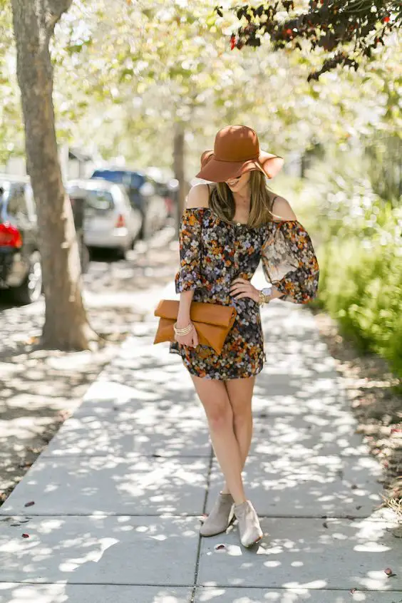 muted-floral-off-shoulder-dress-for-early-fall