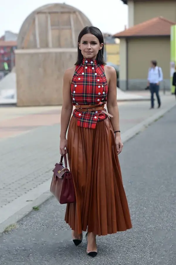 pleated-leather-maxi-and-plaid-top-1