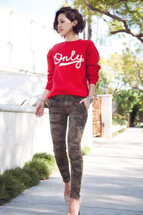 red-sweater-and-camo-pants