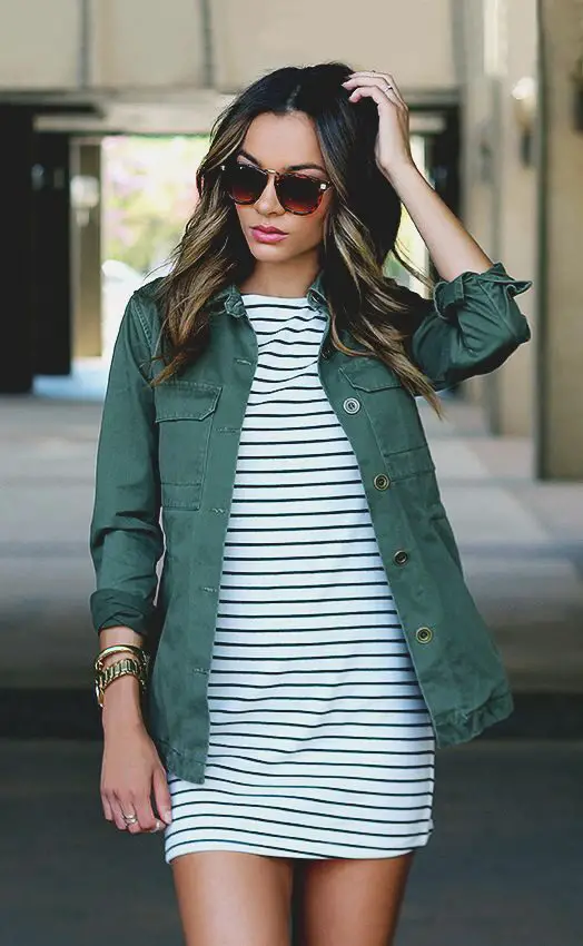 striped-shirt-dress-with-army-green-jacket