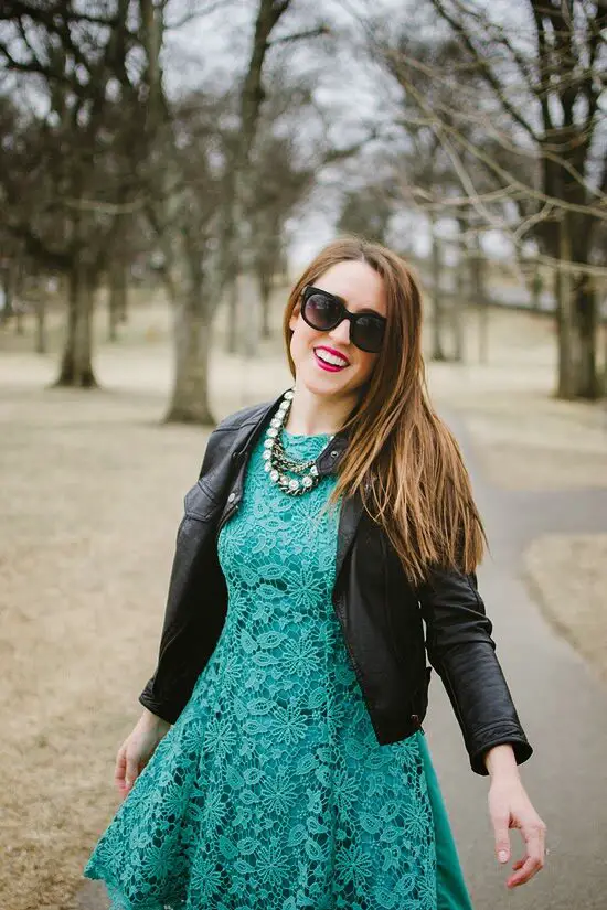 teal-lace-dress-and-leather-jacket