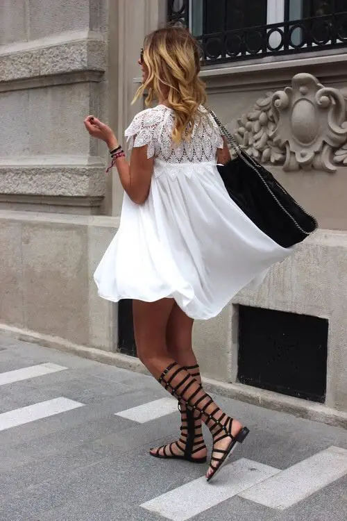 white-dress-and-gladiator-sandals