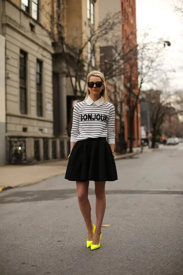 1-black-skirt-with-striped-top-and-neon-yellow-pumps