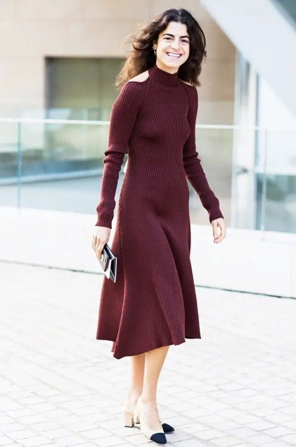 1-burgundy-cold-shoulder-dress-with-cap-toe-shoes