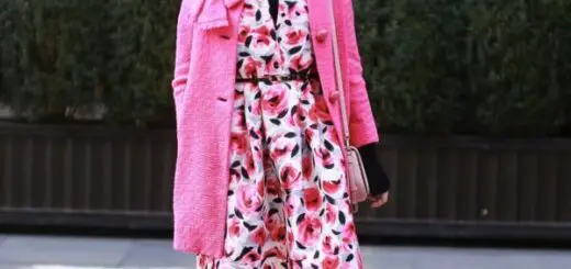 1-floral-dress-with-pink-coat-and-metallic-pumps-1