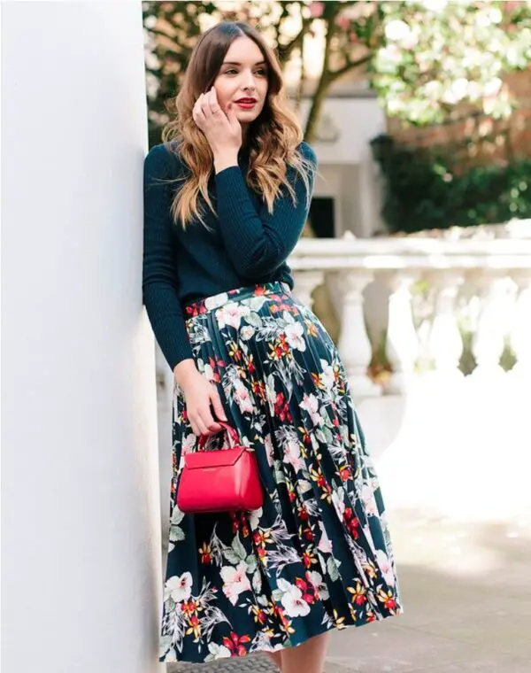 1-floral-print-skirt-with-fitted-dress
