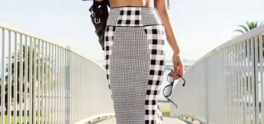 1-leather-bandeau-top-with-bib-necklace-and-checkered-skirt