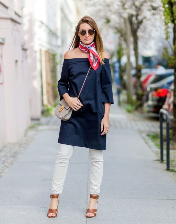 1-off-shoulder-navy-dress-with-jeans-and-scarf