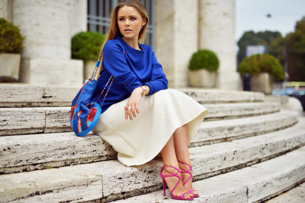 2-cobalt-blue-sweater-with-midi-skirt-and-pink-sandals