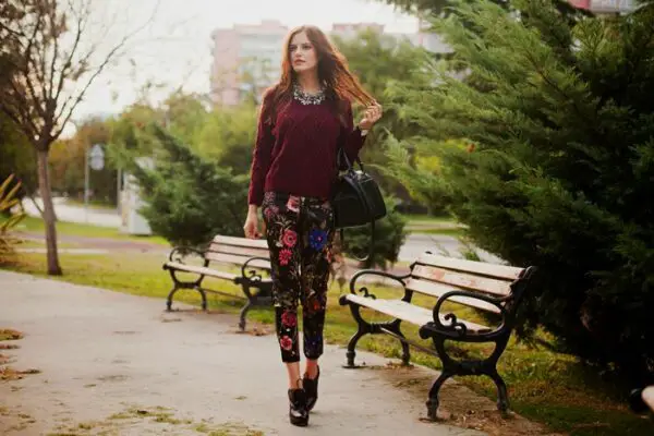 2-floral-pants-with-burgundy-sweater