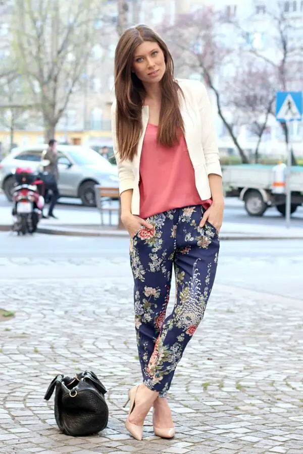 2-floral-print-pants-with-pink-top-and-blazer