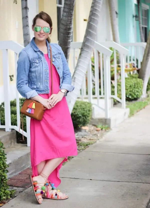 2-pink-dress-and-denim-jacket-with-pom-pom-sandals