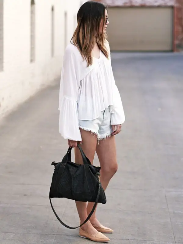 2-pointy-nude-loafers-with-bell-sleeved-top-and-frayed-shorts