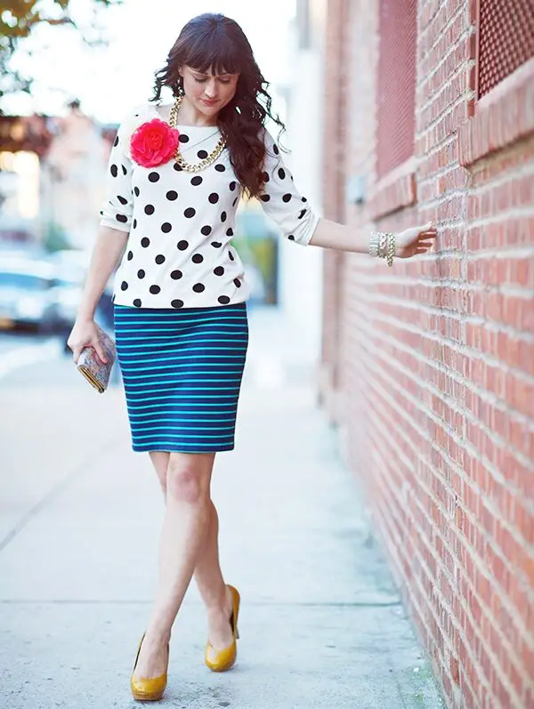 2-polka-dots-top-with-striped-skirt-and-quirky-brooch