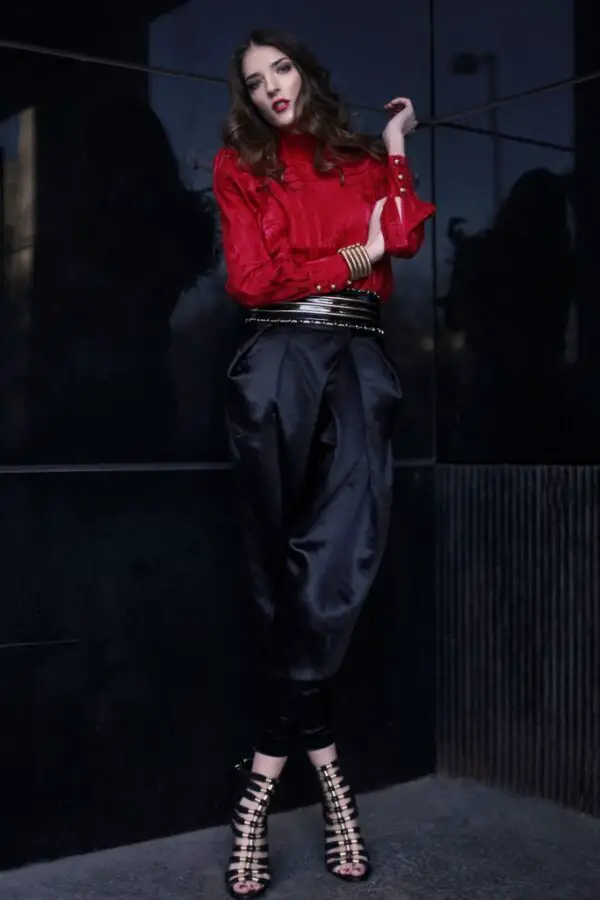 2-red-blouse-with-silk-pants-and-statement-heels
