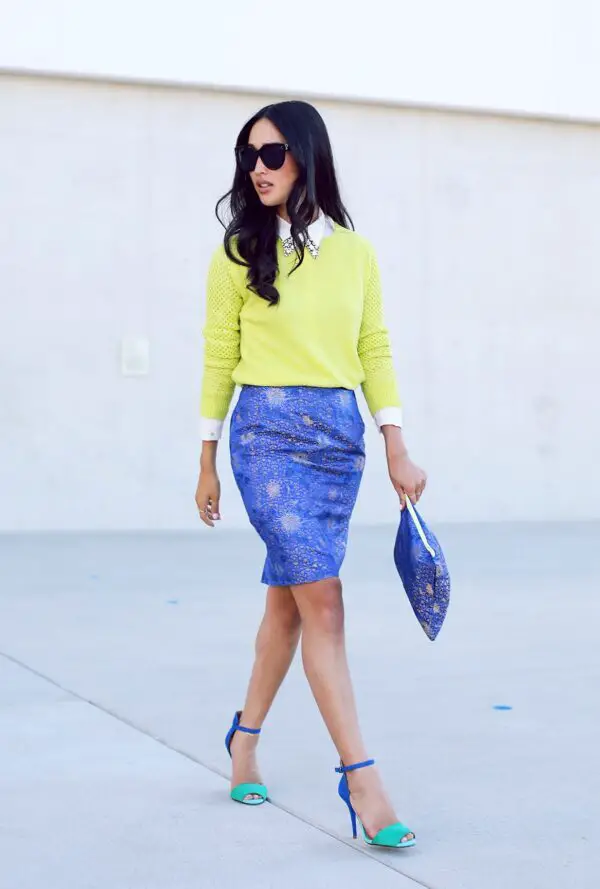 3-cobalt-blue-skirt-with-yellow-top-and-cobalt-blue-clutch