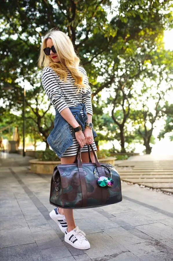3-striped-dress-with-denim-jacket-and-duffel-bag